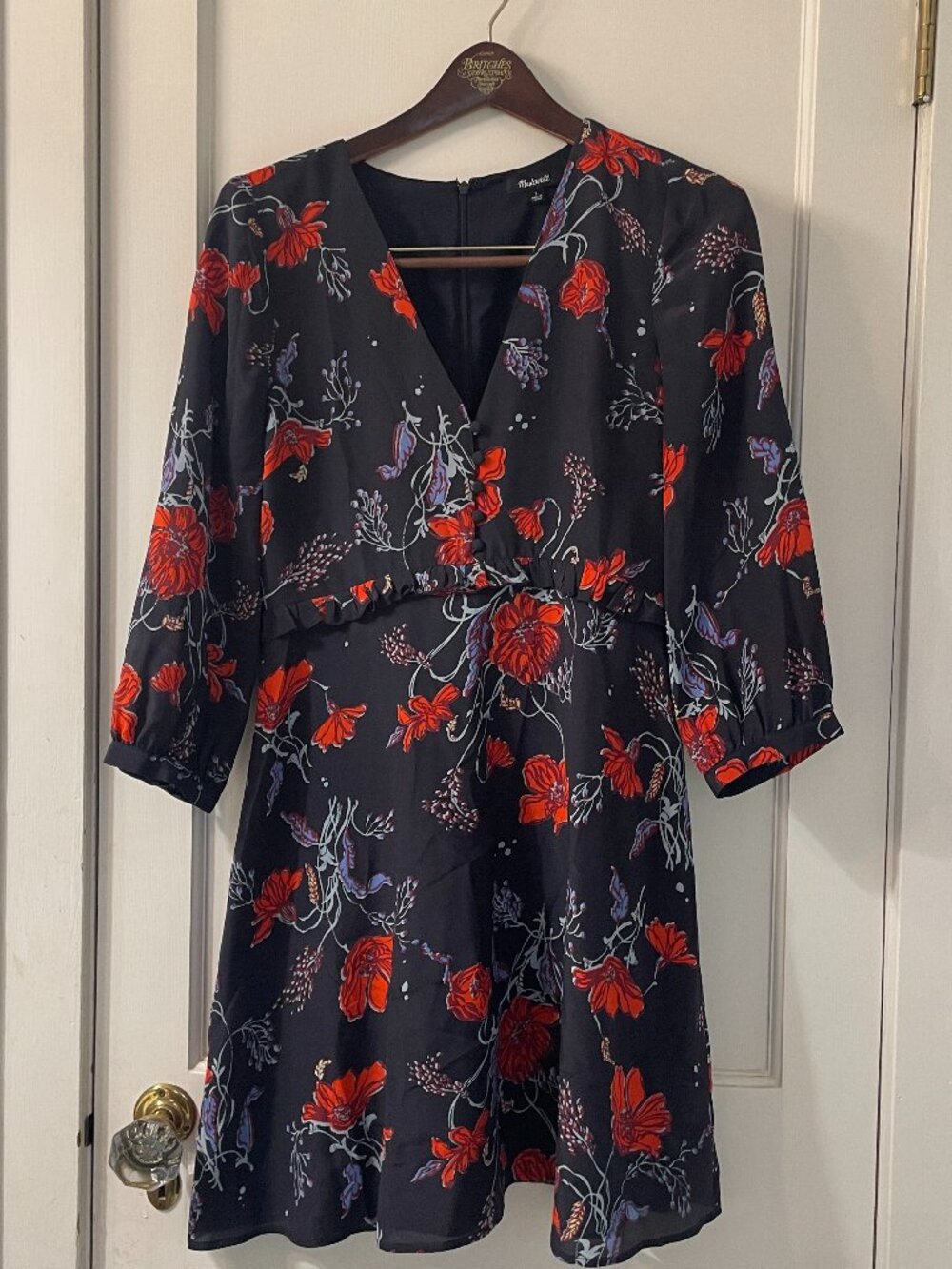 MADEWELL Silk Ruffle-Waist Dress in Windblown Poppies Size 2 - Picture 2 of 7